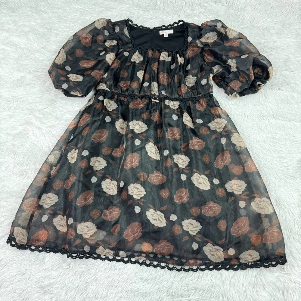Gb Girls puff sleeve square neck floral‎ chiffon dress lace trim